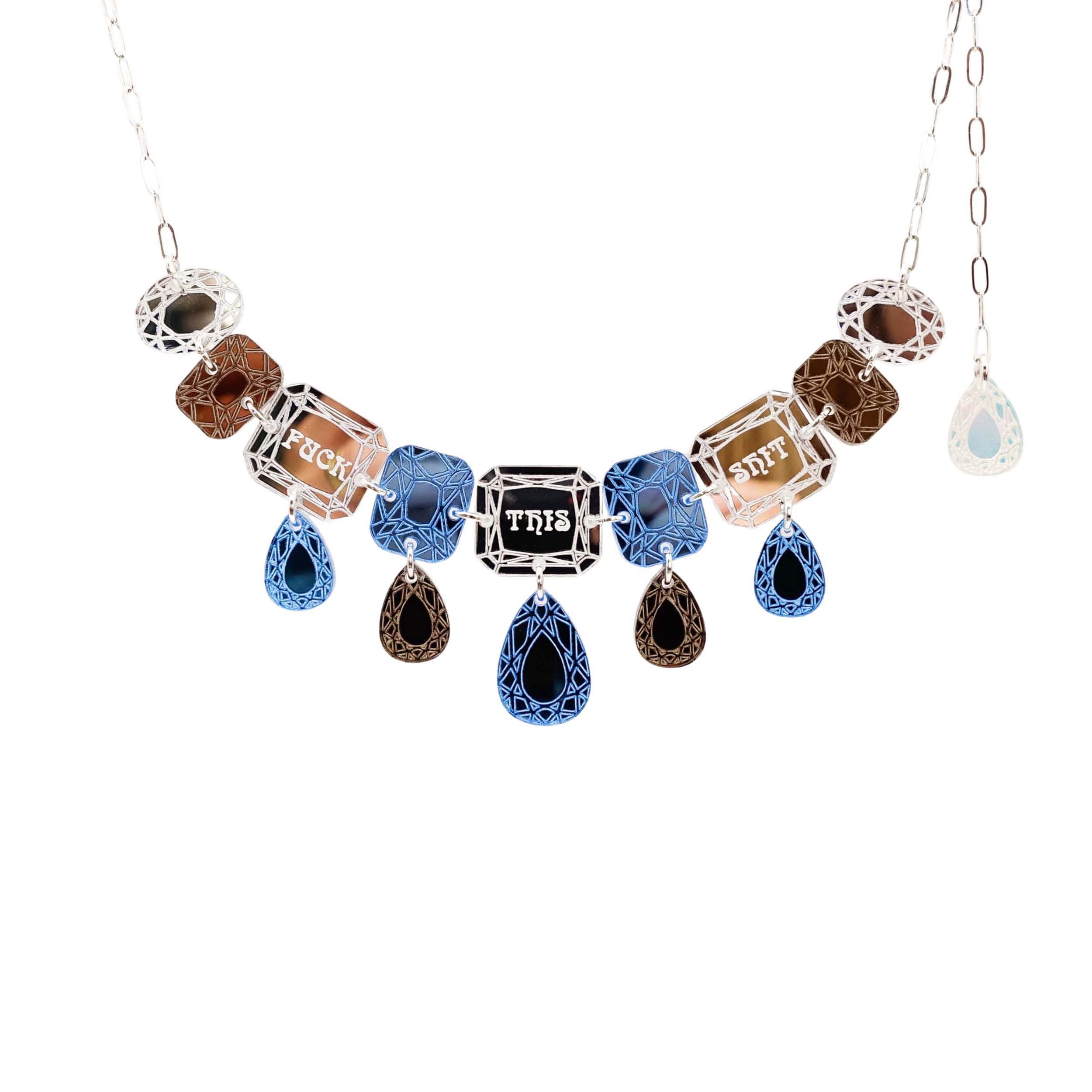 F*ck This Sh*t Jewel necklace in blue shown hanging against a white background.