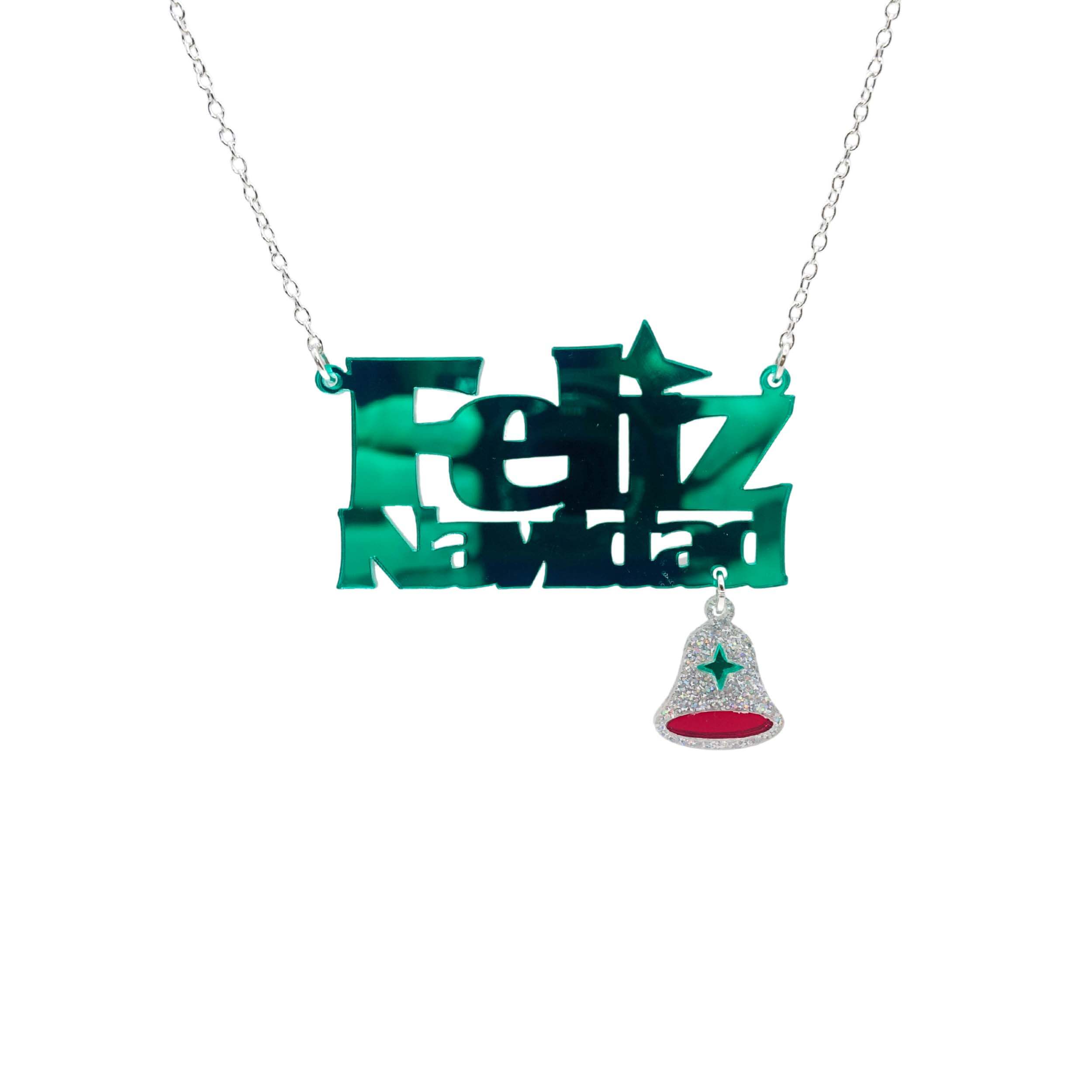 Feliz Navidad necklace in electric green with a hanging glitter bell. Designed by Sarah Day for Wear and Resist.
