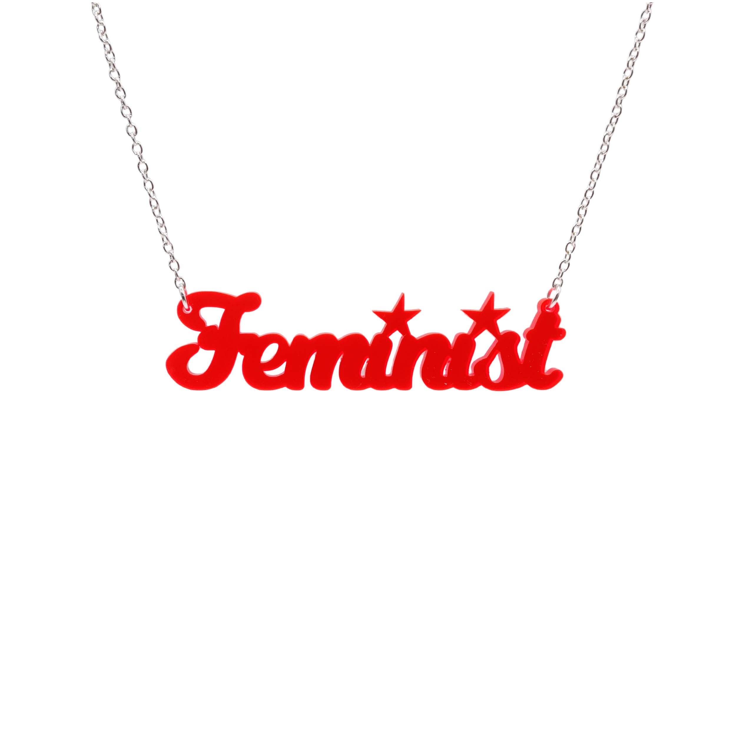 Script font Feminist necklace in hot red.
