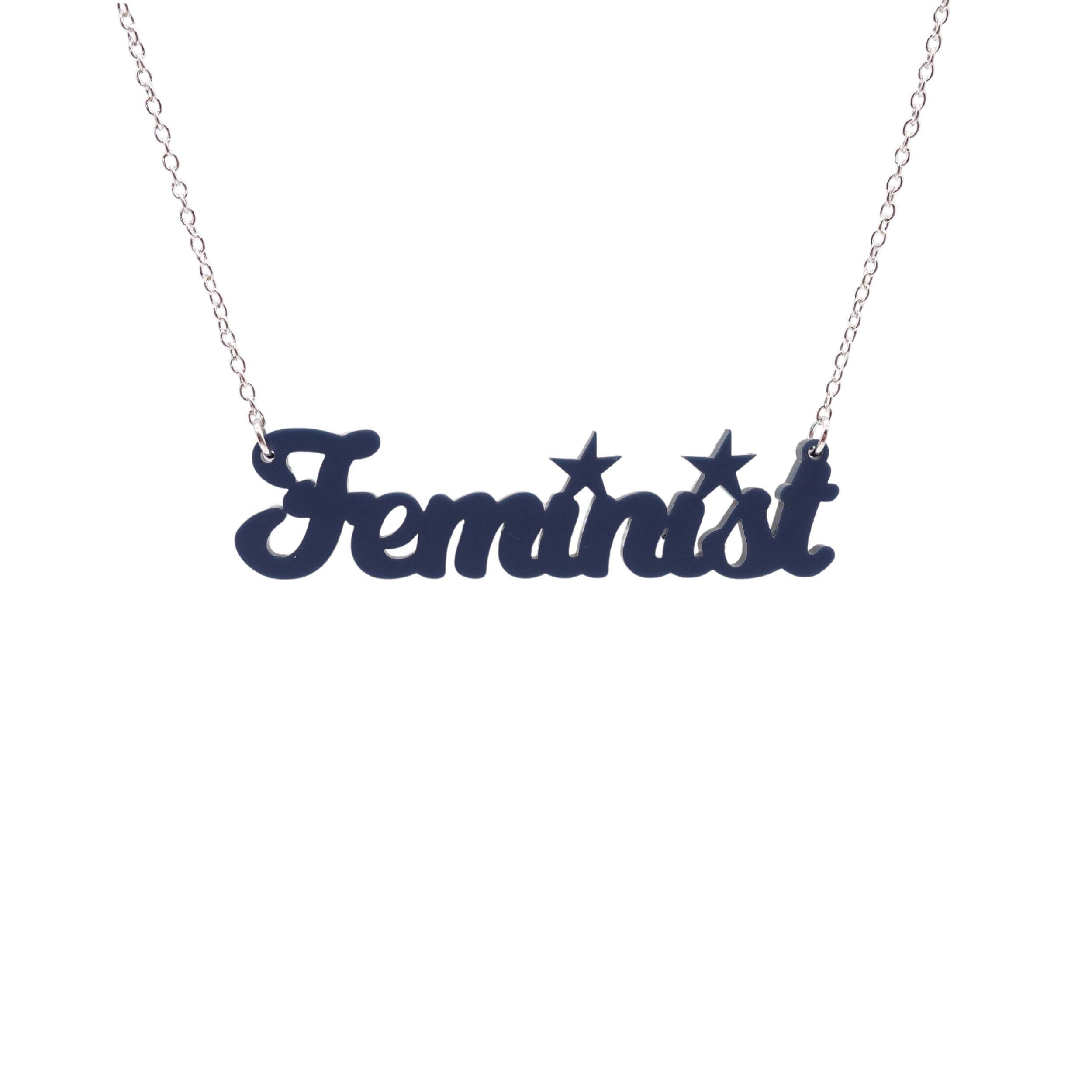 Script font Feminist necklace in matte slate.