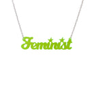 Script font Feminist necklace in neon lime.