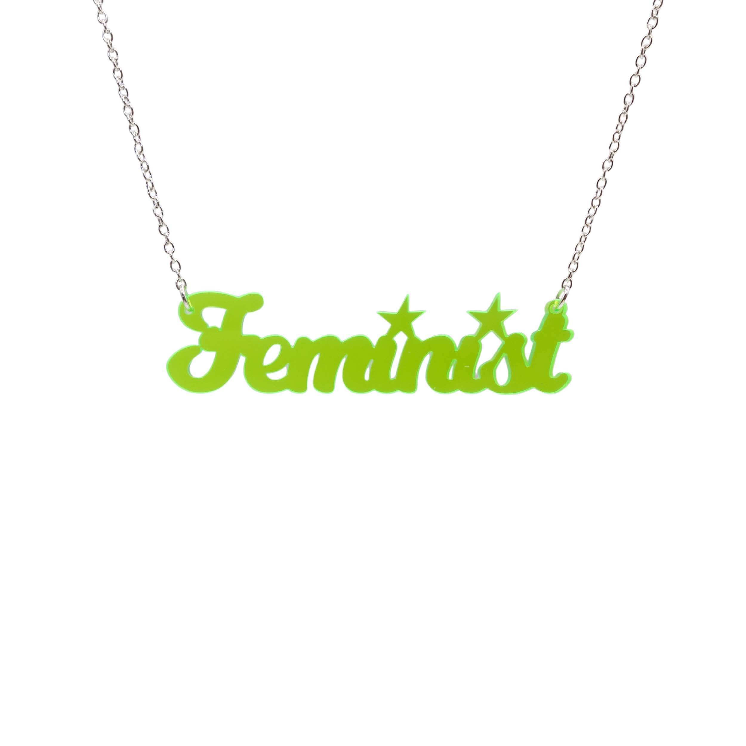 Script font Feminist necklace in neon lime.