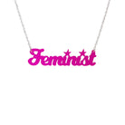 Script font Feminist necklace in neon pink.
