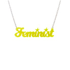 Script font Feminist necklace in neon yellow, shown against a white background.