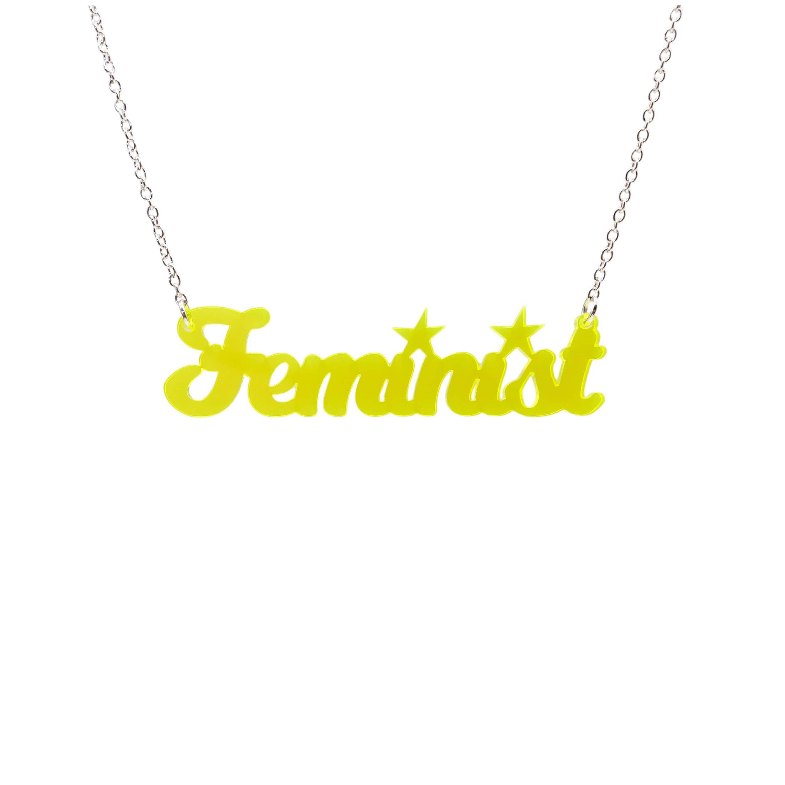 Script font Feminist necklace in neon yellow, shown against a white background.