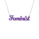 Script font Feminist necklace in parma violet.