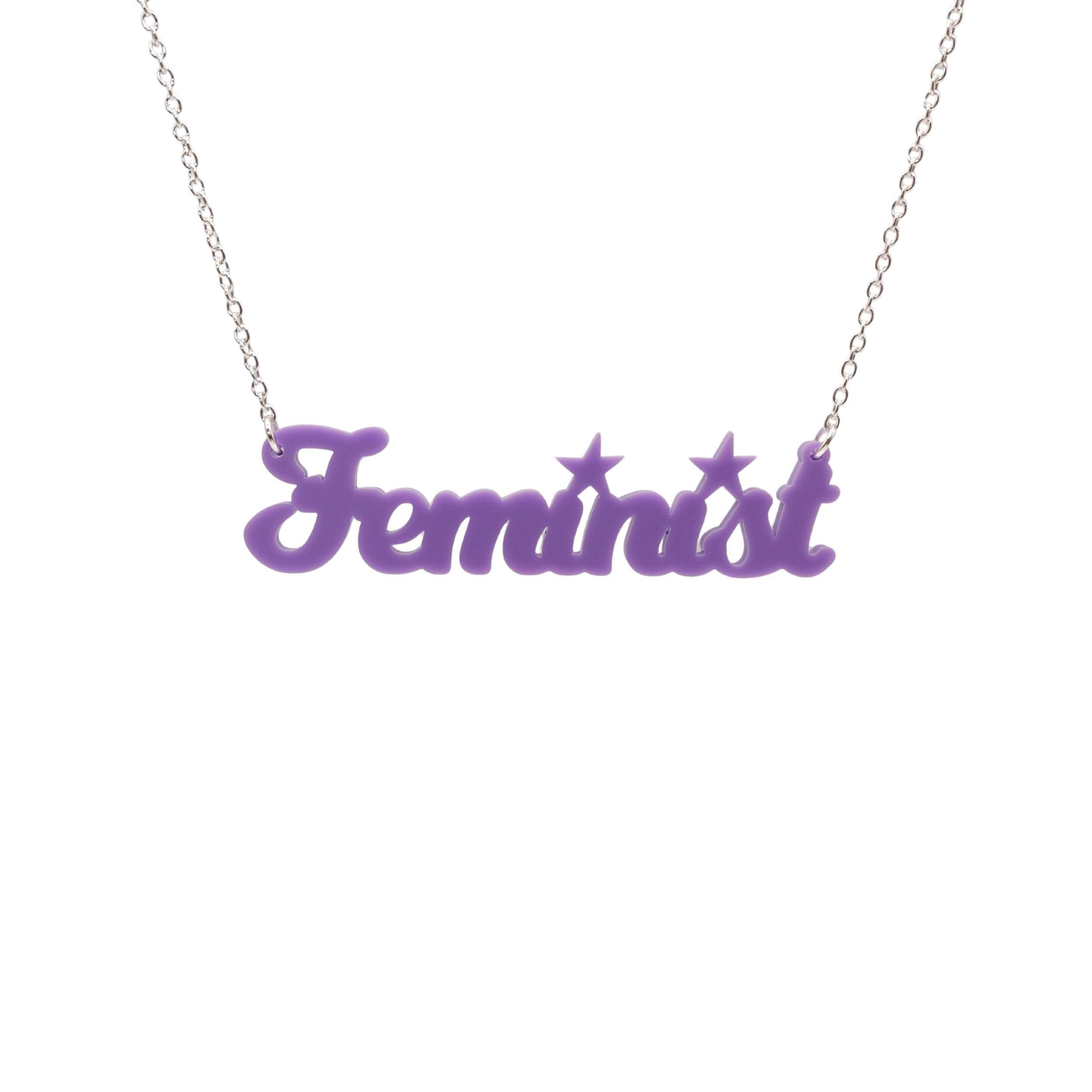 Script font Feminist necklace in parma violet.