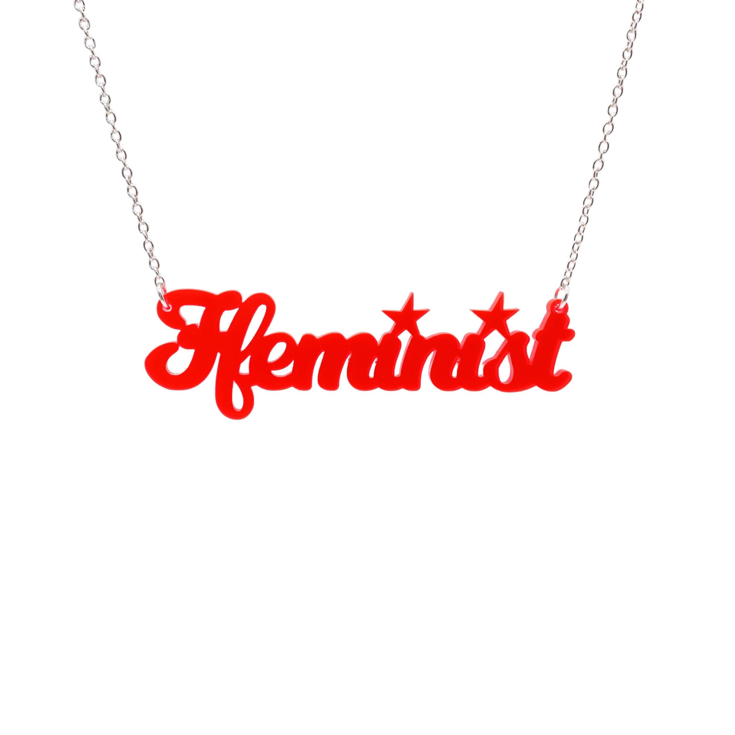 Welsh Ffeminist necklace in hot red, shown hanging against a white background.