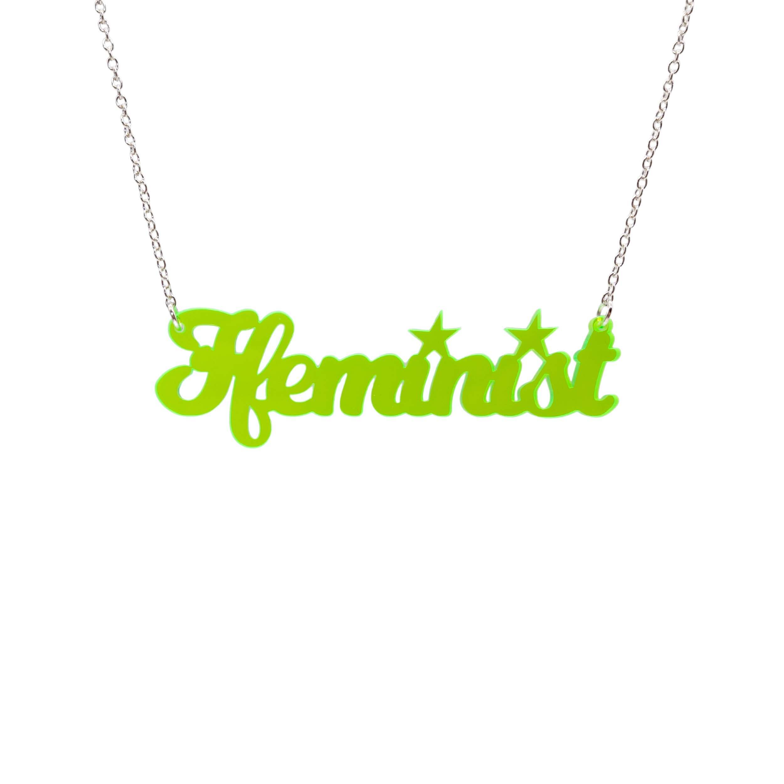 Welsh Ffeminist necklace in neon lime, shown hanging against a white background.