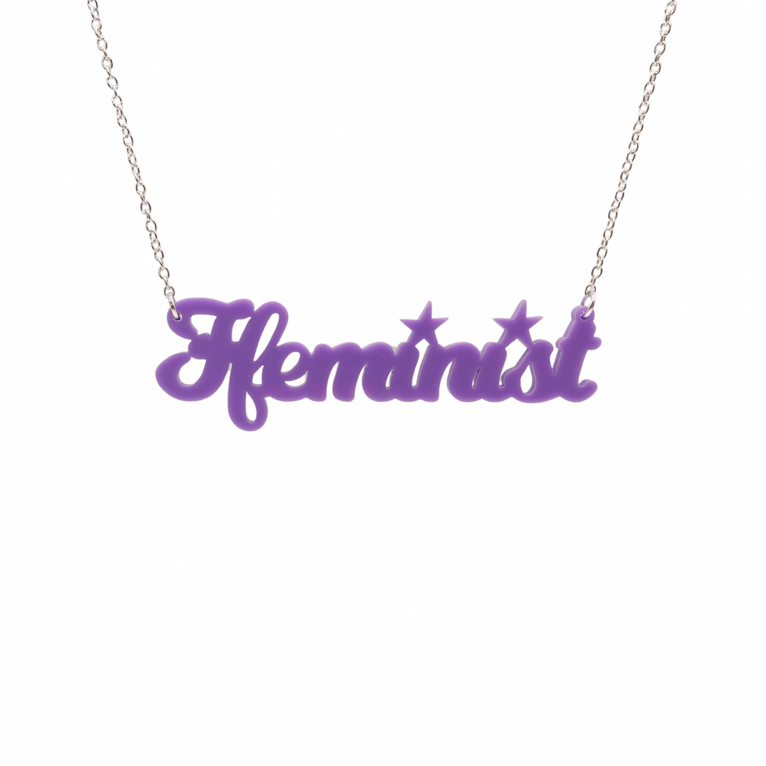 Welsh Ffeminist necklace in parma violet, shown hanging against a white background.