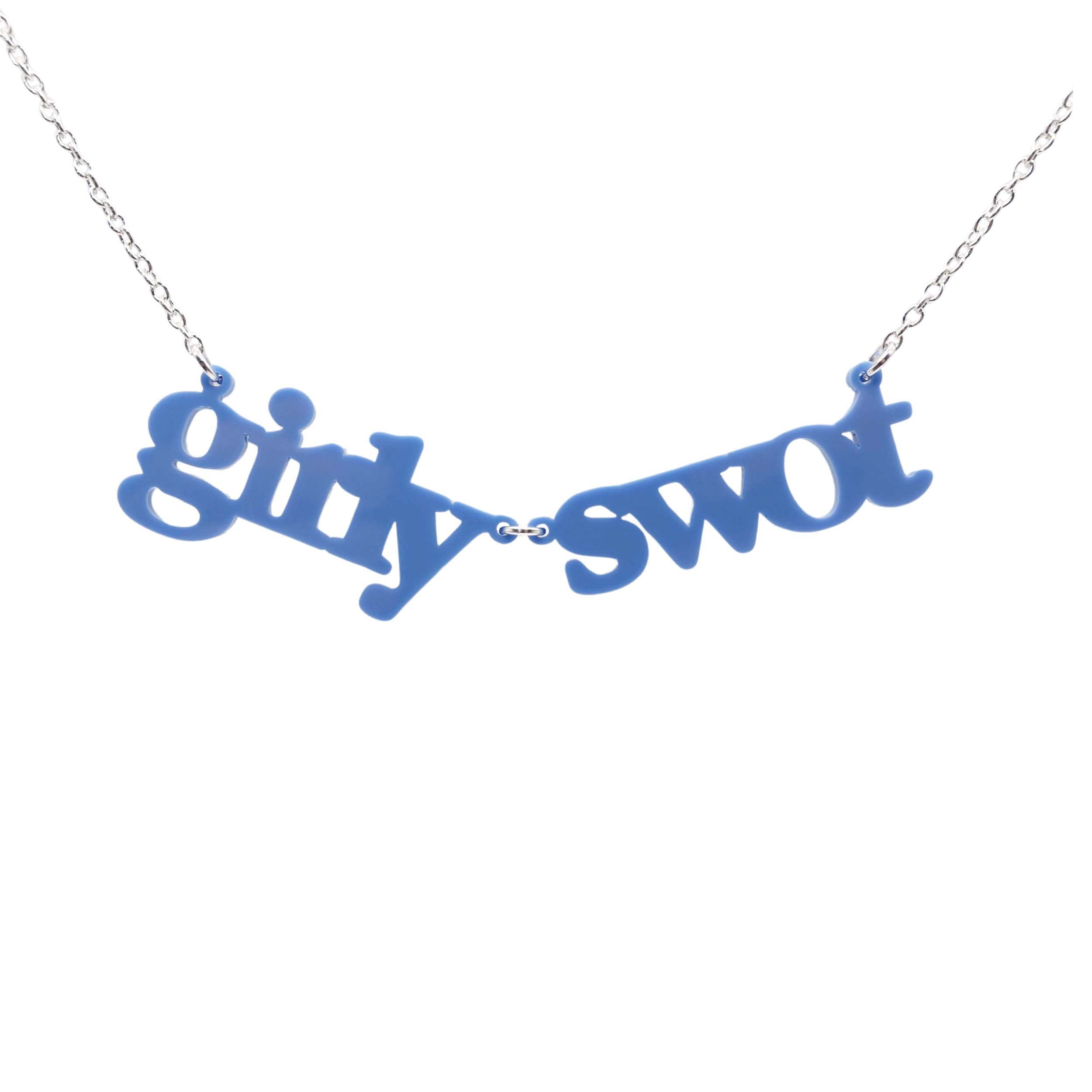 Girly Swot necklace in delphinium blue shown hanging against a white background.