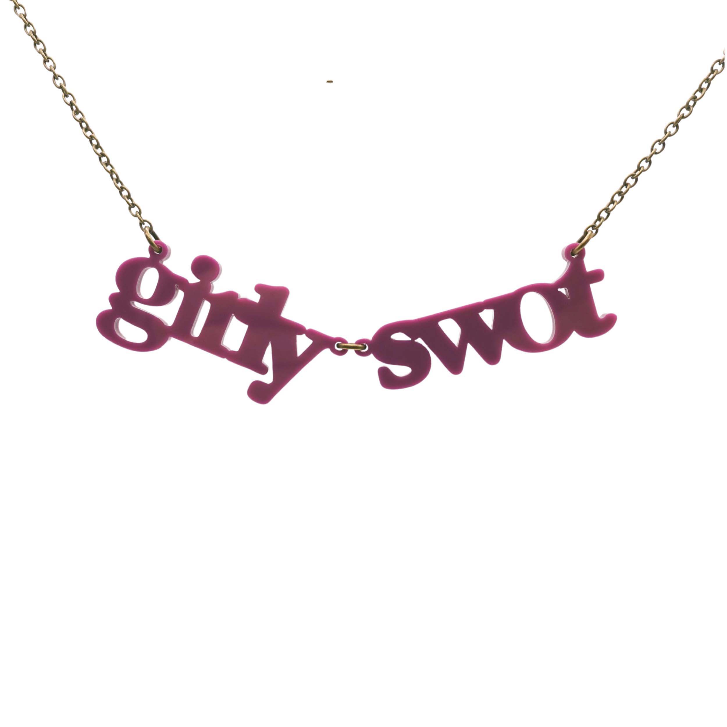 Girly Swot necklace in maroon shown hanging against a white background.
