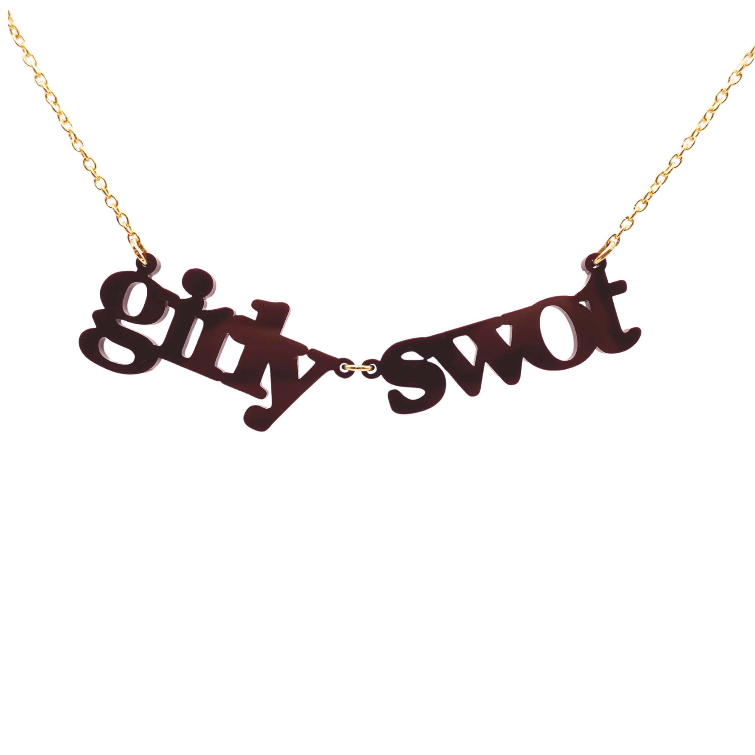 Girly Swot necklace in rich brown shown hanging against a white background.