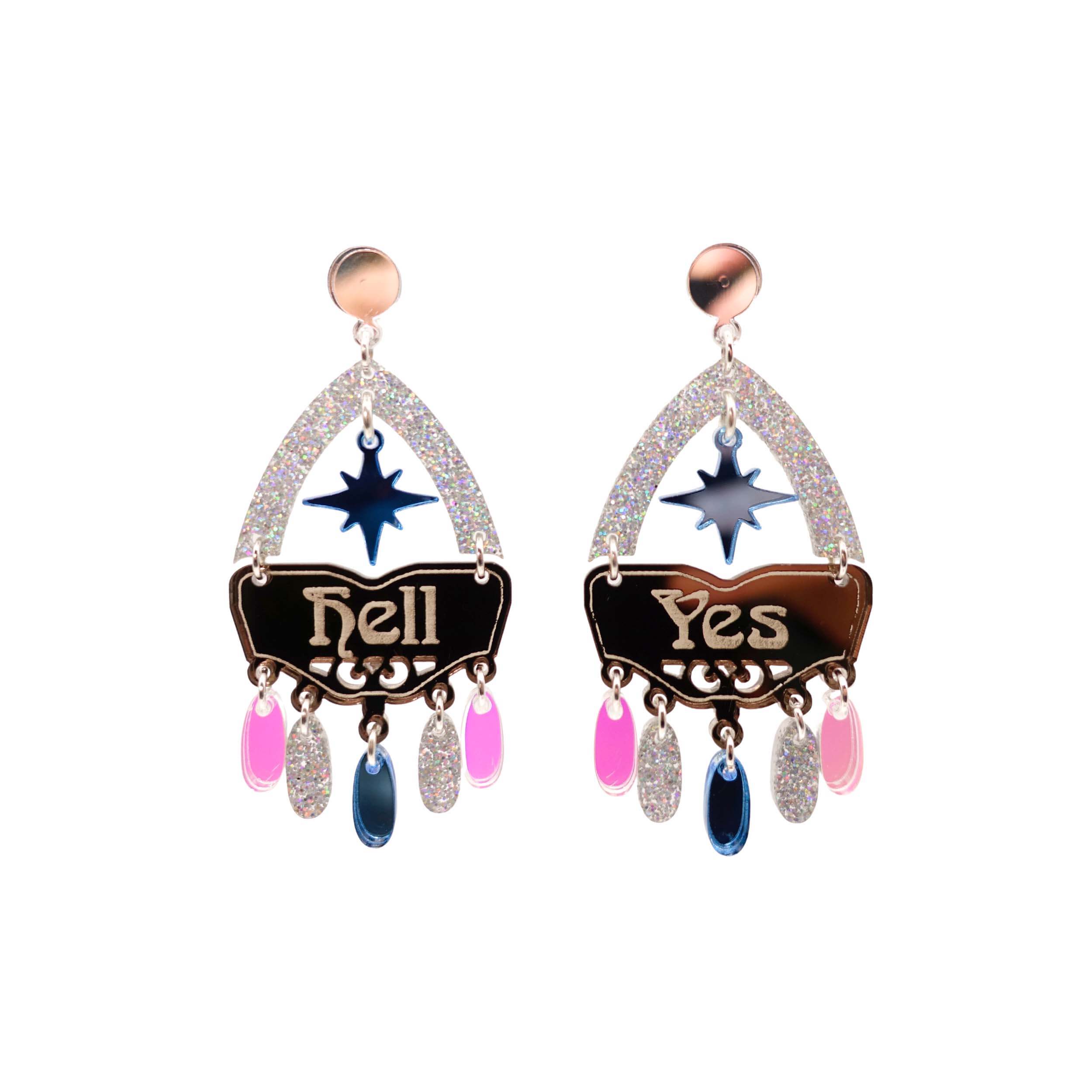 Western style Hell Yes statement earrings in blue and bronze. Shown cut out against a white background.