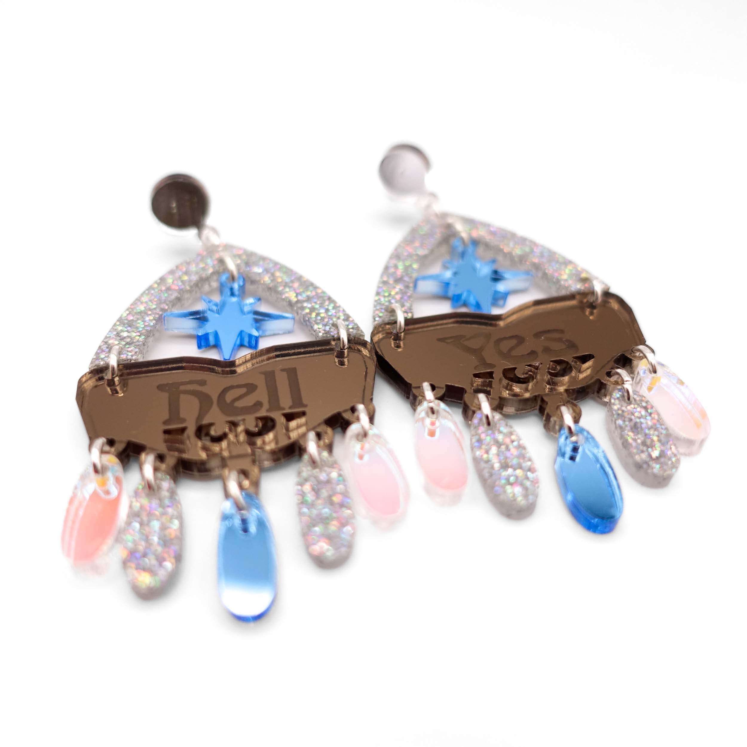 Western style Hell Yes statement earrings in blue and bronze. Designed by Sarah Day for Wear and Resist.