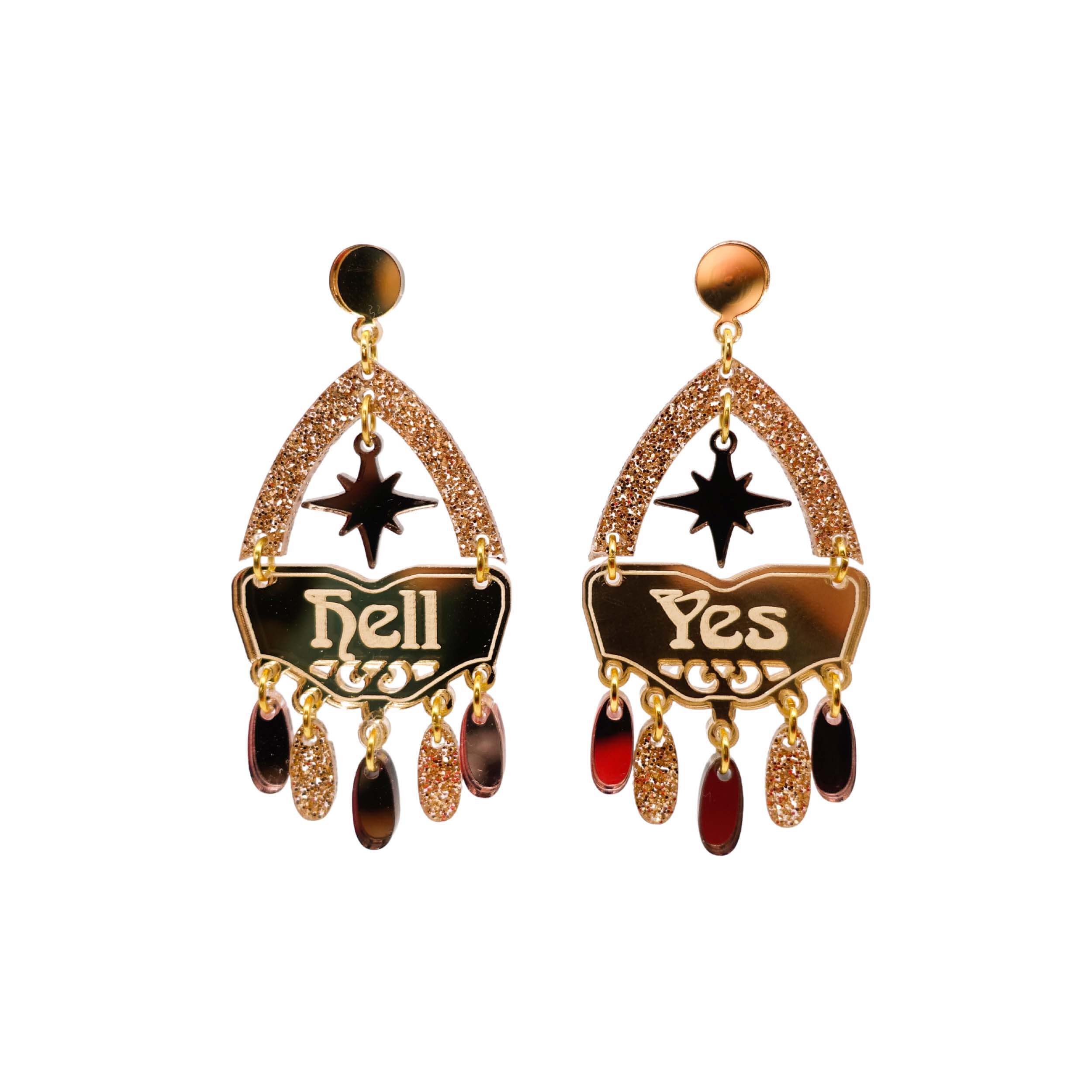 Western style Hell Yes statement earrings in gold and bronze. Shown cut out against a white background.