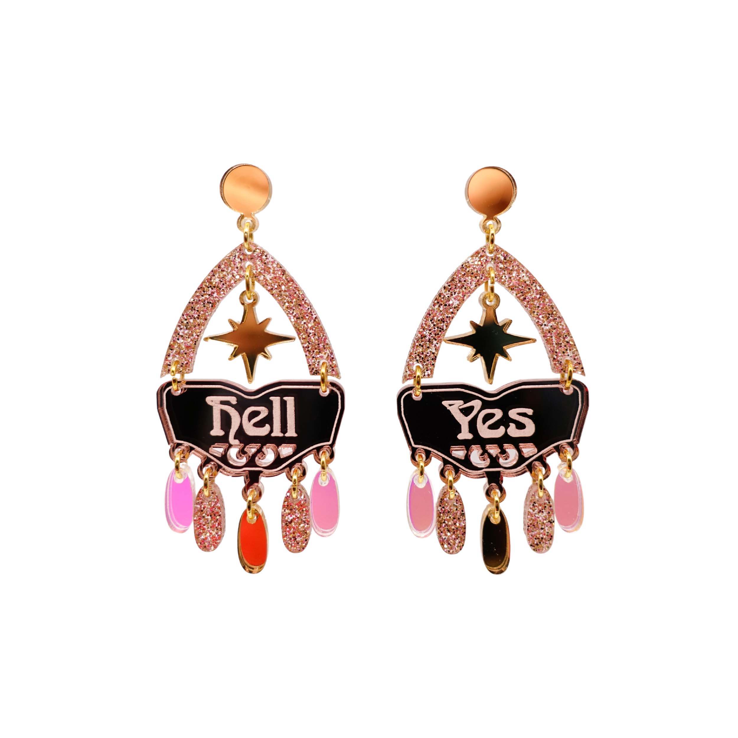 Western style Hell Yes statement earrings in grose gold. Shown cut out against a white background.