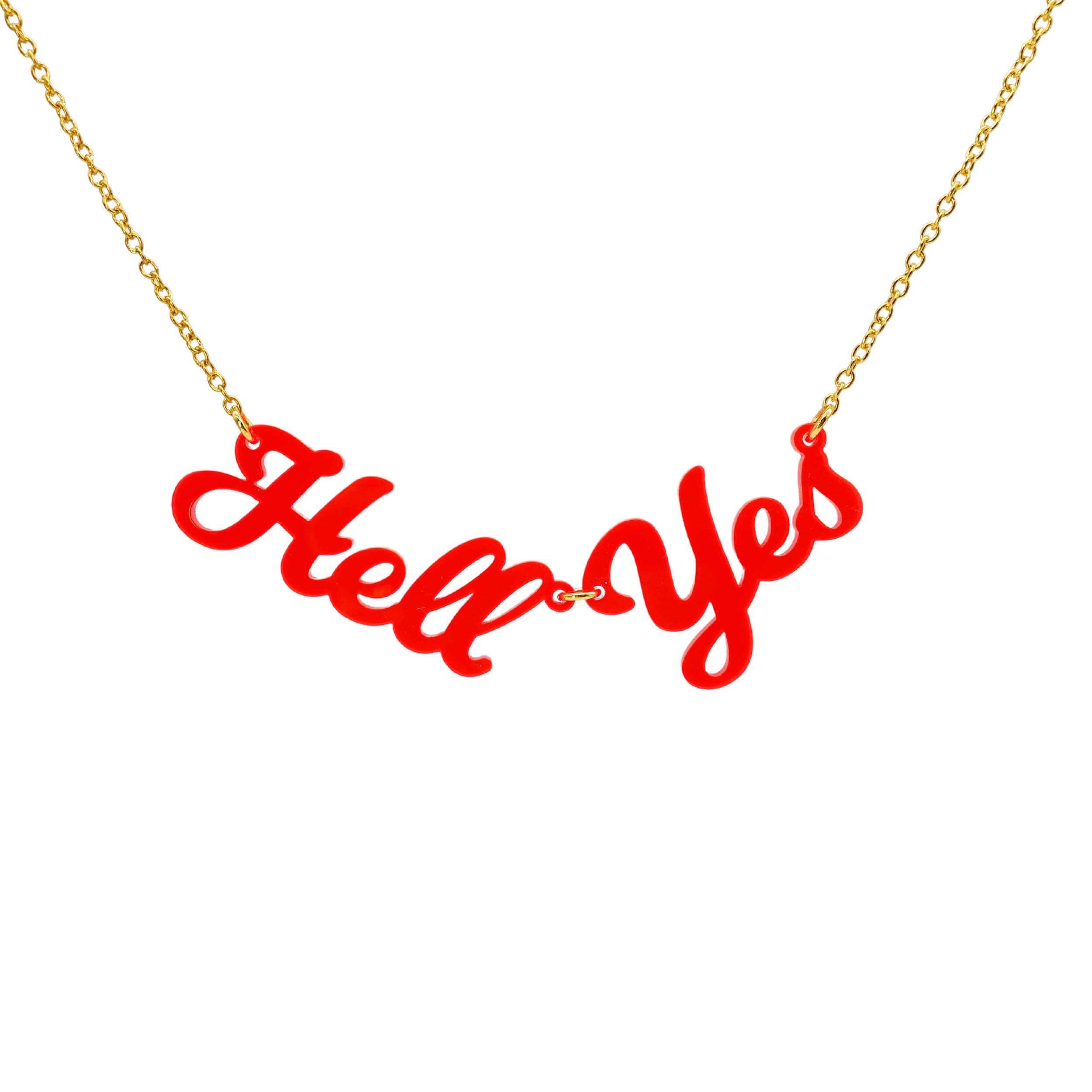 Hell Yes necklace in hot red, shown hanging against a white background.