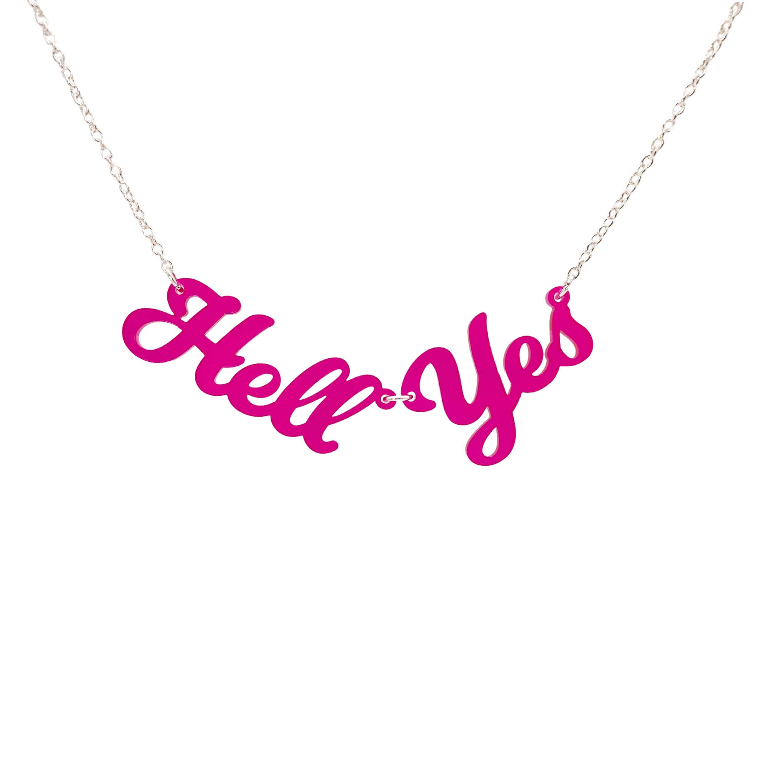 Hell Yes necklace in neon pink, shown hanging against a white background.
