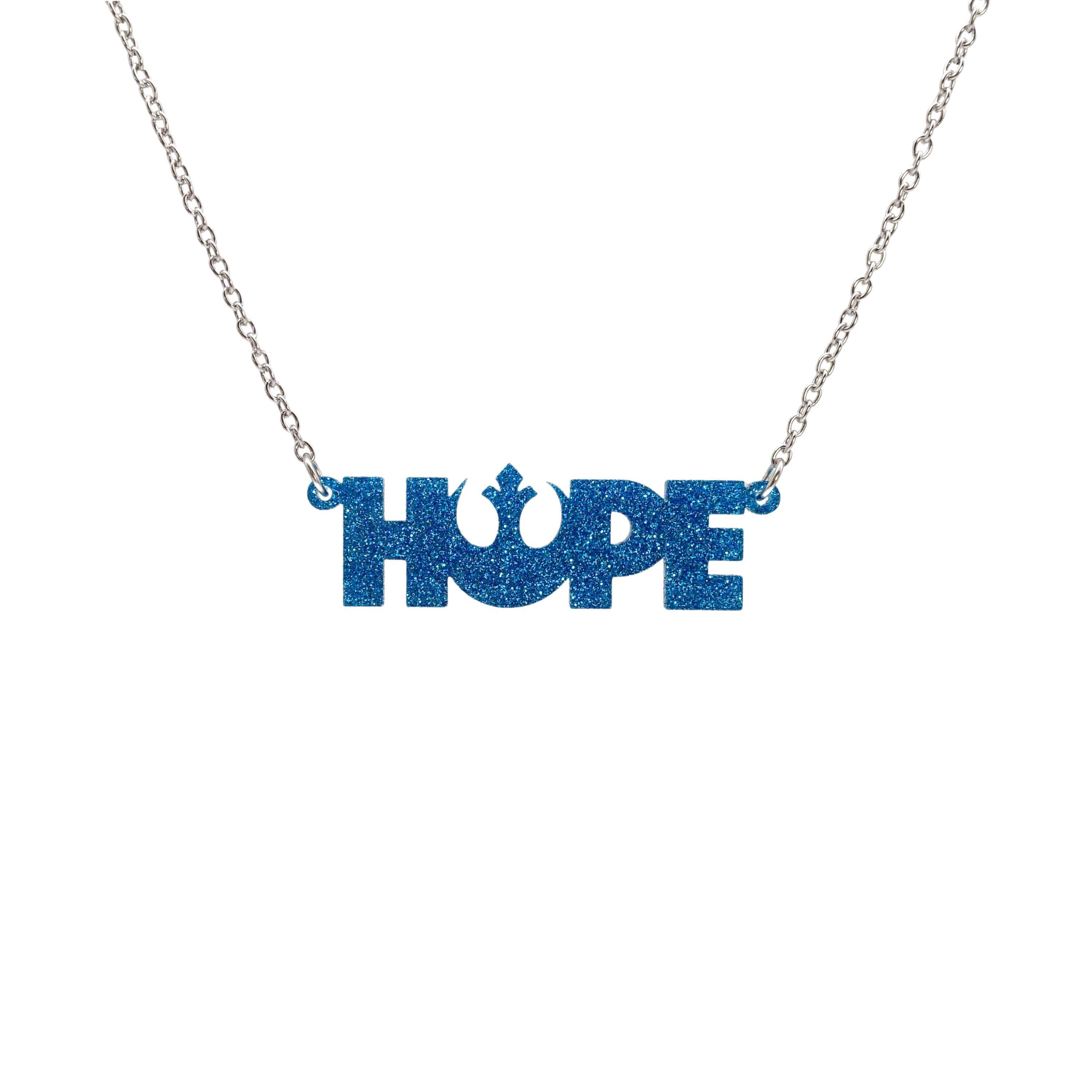 Hope necklace with Rebel Alliance symbol in blue glitter shown hanging on a stainless steel chain against a white background.