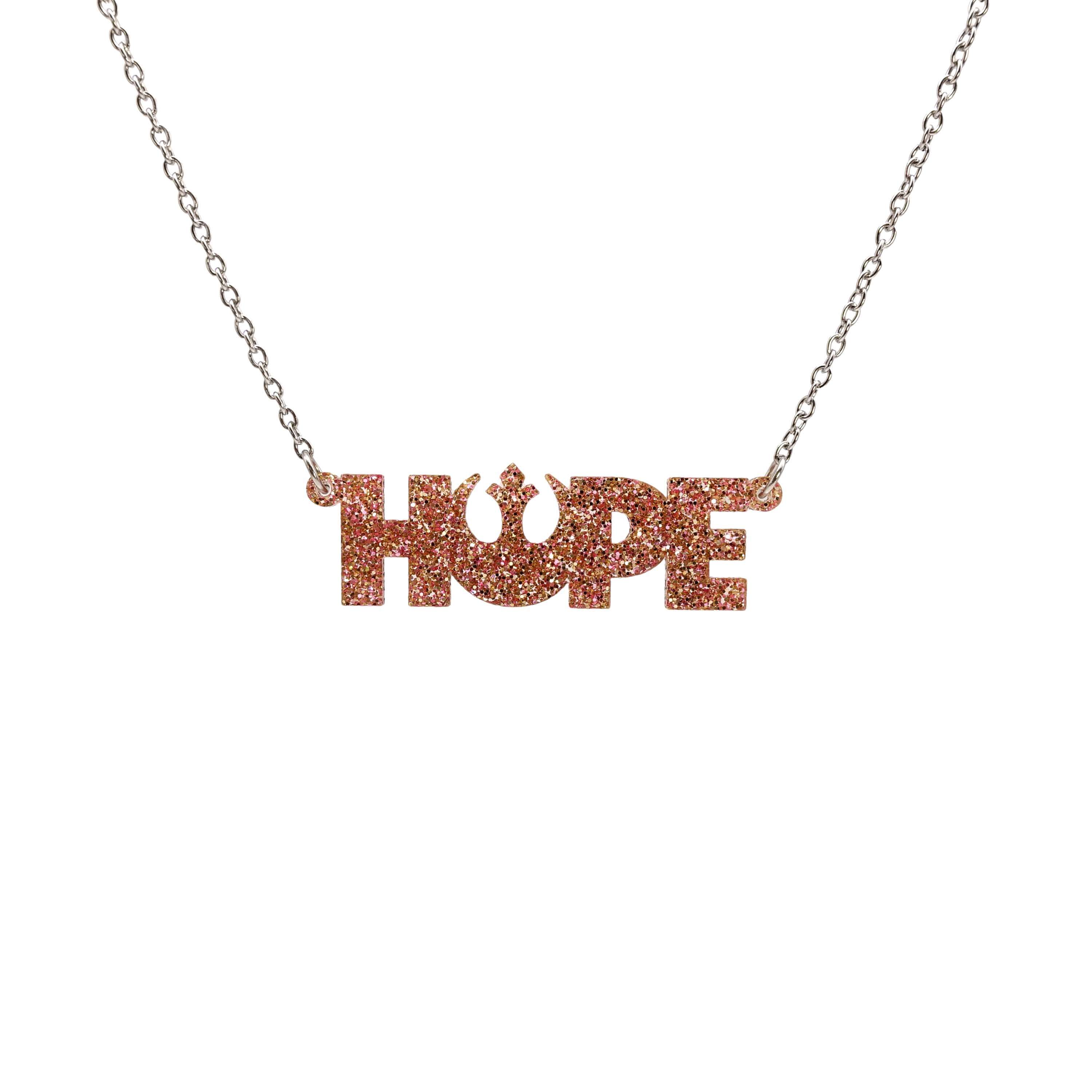 Hope necklace with Rebel Alliance symbol in pink fizz glitter shown hanging on a stainless steel chain against a white background.