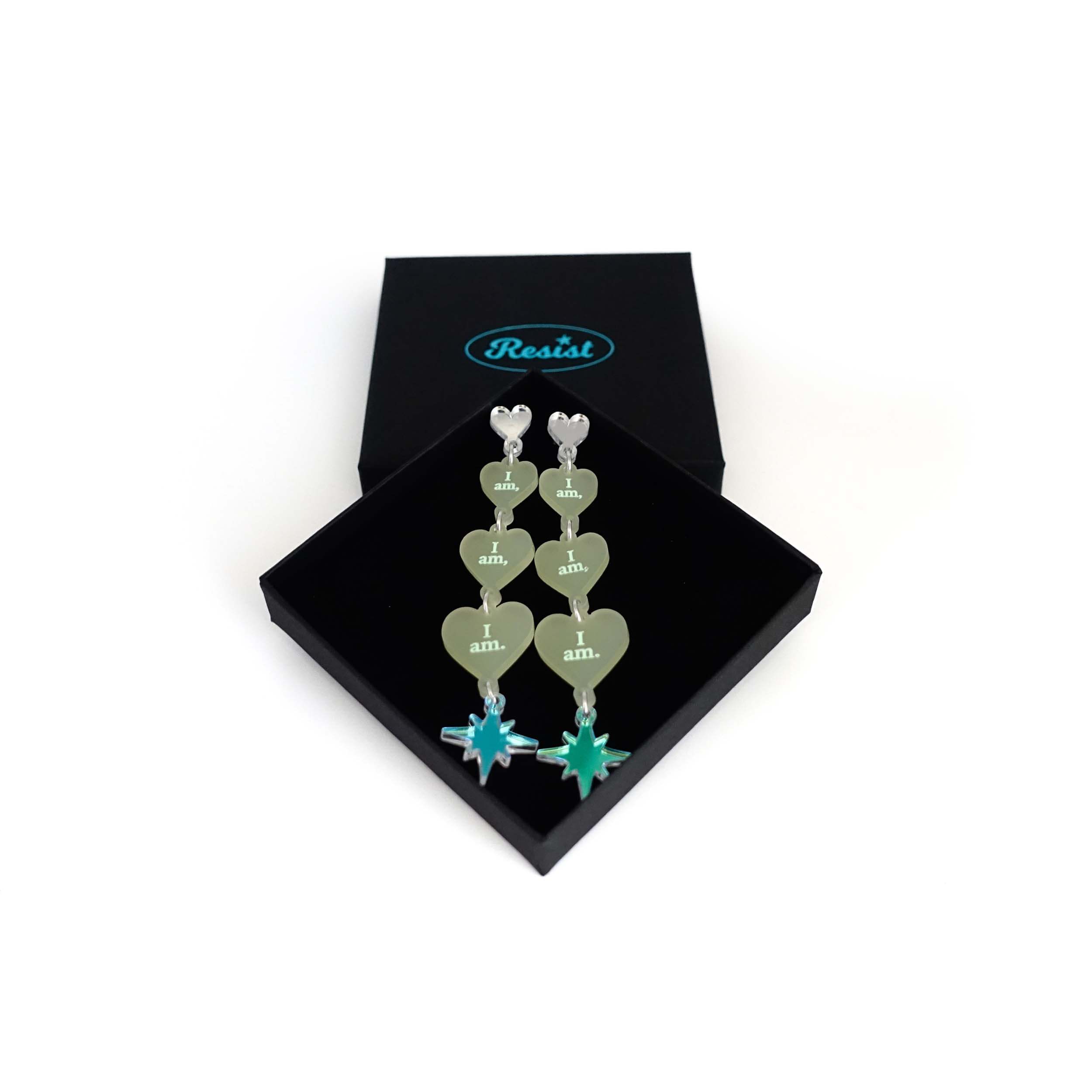 Lemonade frost  I am I am I am heart drop earrings shown in a Wear and Resist gift box.