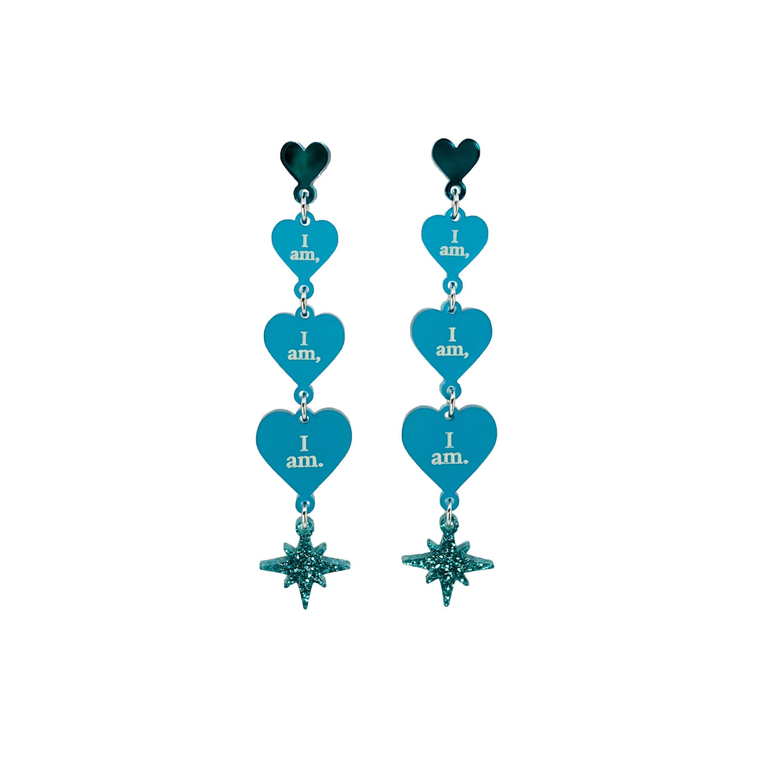 Teal frost I am I am I am heart drop earrings finished with a vintage teal glitter star.