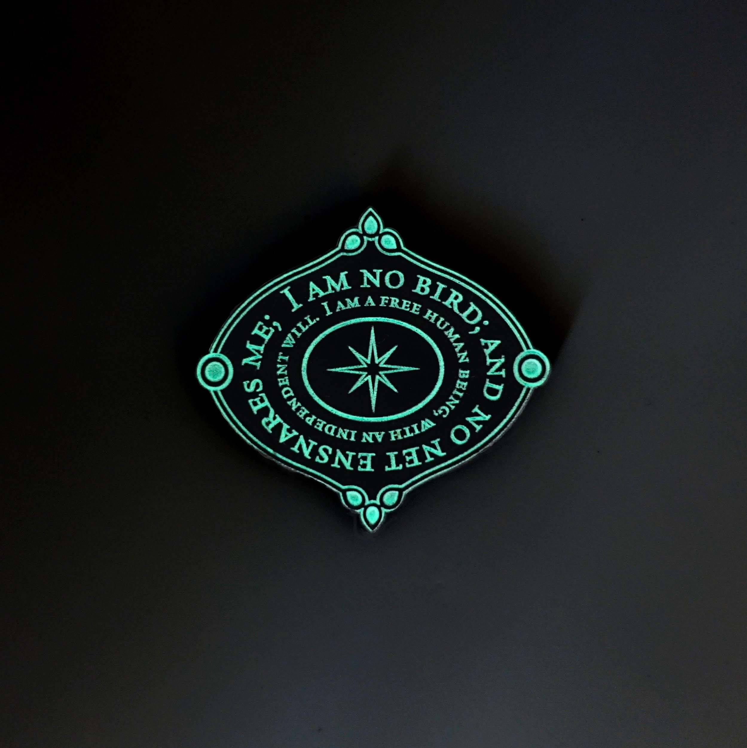 The I am No Bird Jane Eyre brooch glowing in the dark.