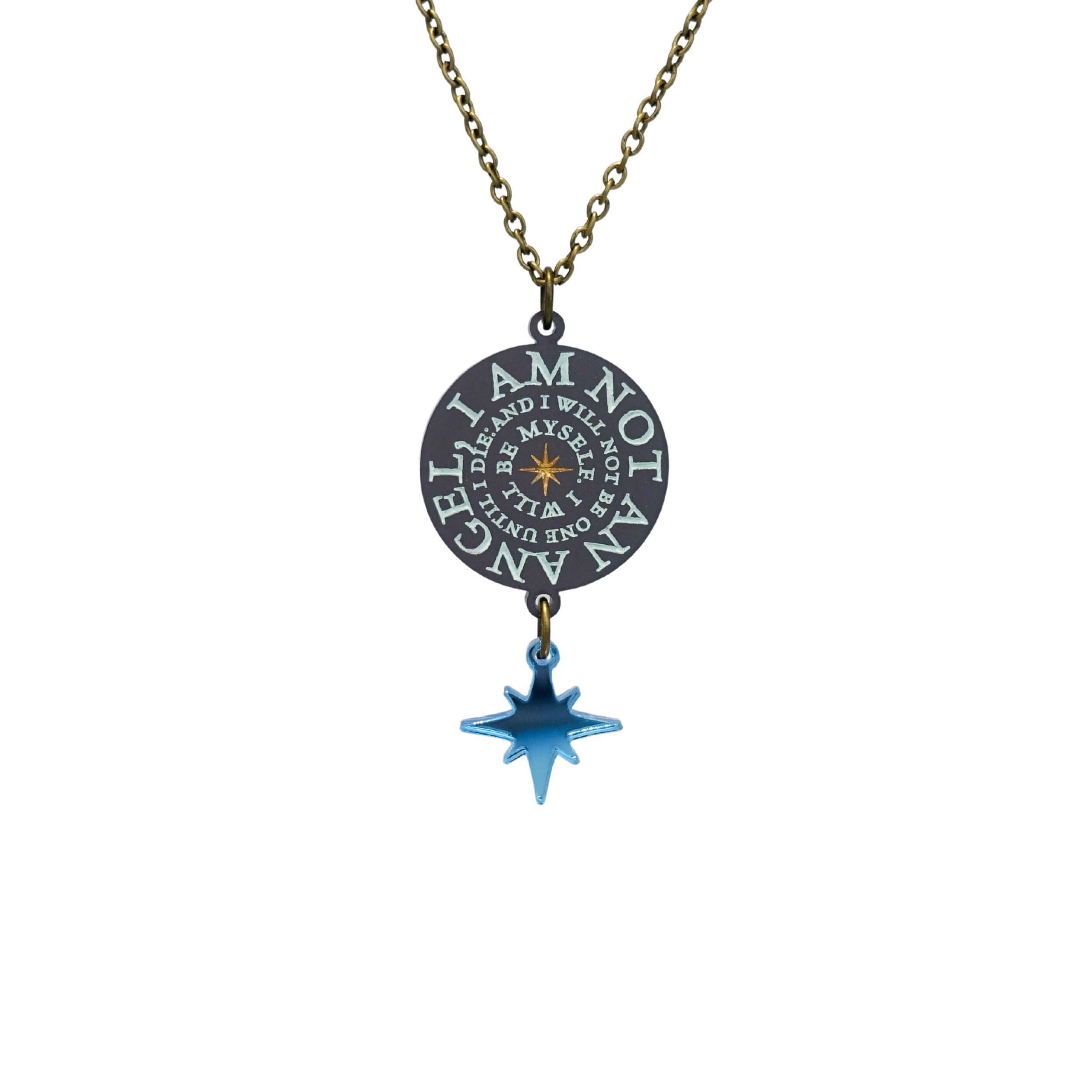 This pendant is etched with the words of Jane Eyre, 'I am not an angel, and I will not be one until I die. I will be myself.' Designed by Sarah Day of Wear and Resist in collaboration with the Brontë Parsonage Museum.