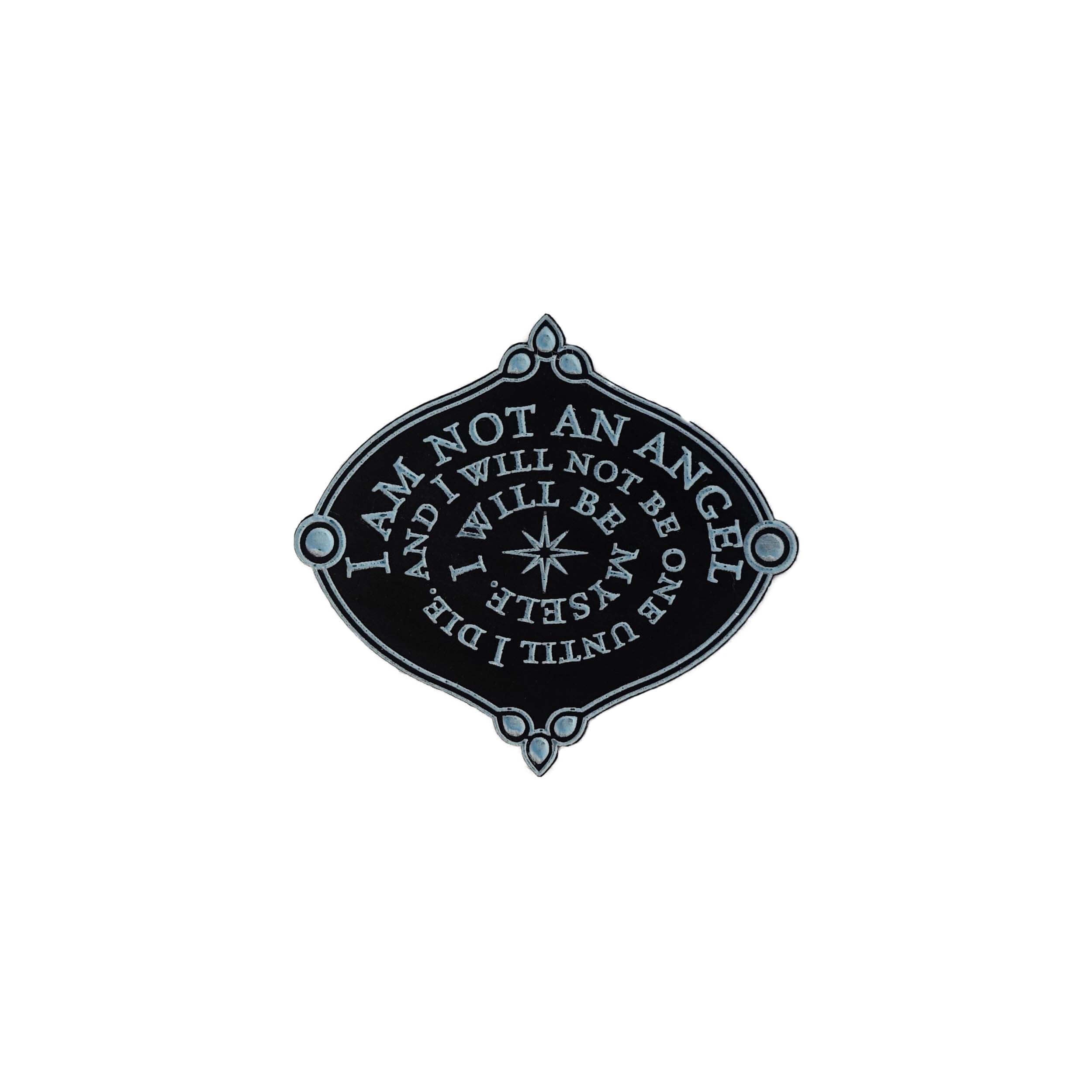 I am not an angel etched brooch from the Bronte Collection shown against a white background.
