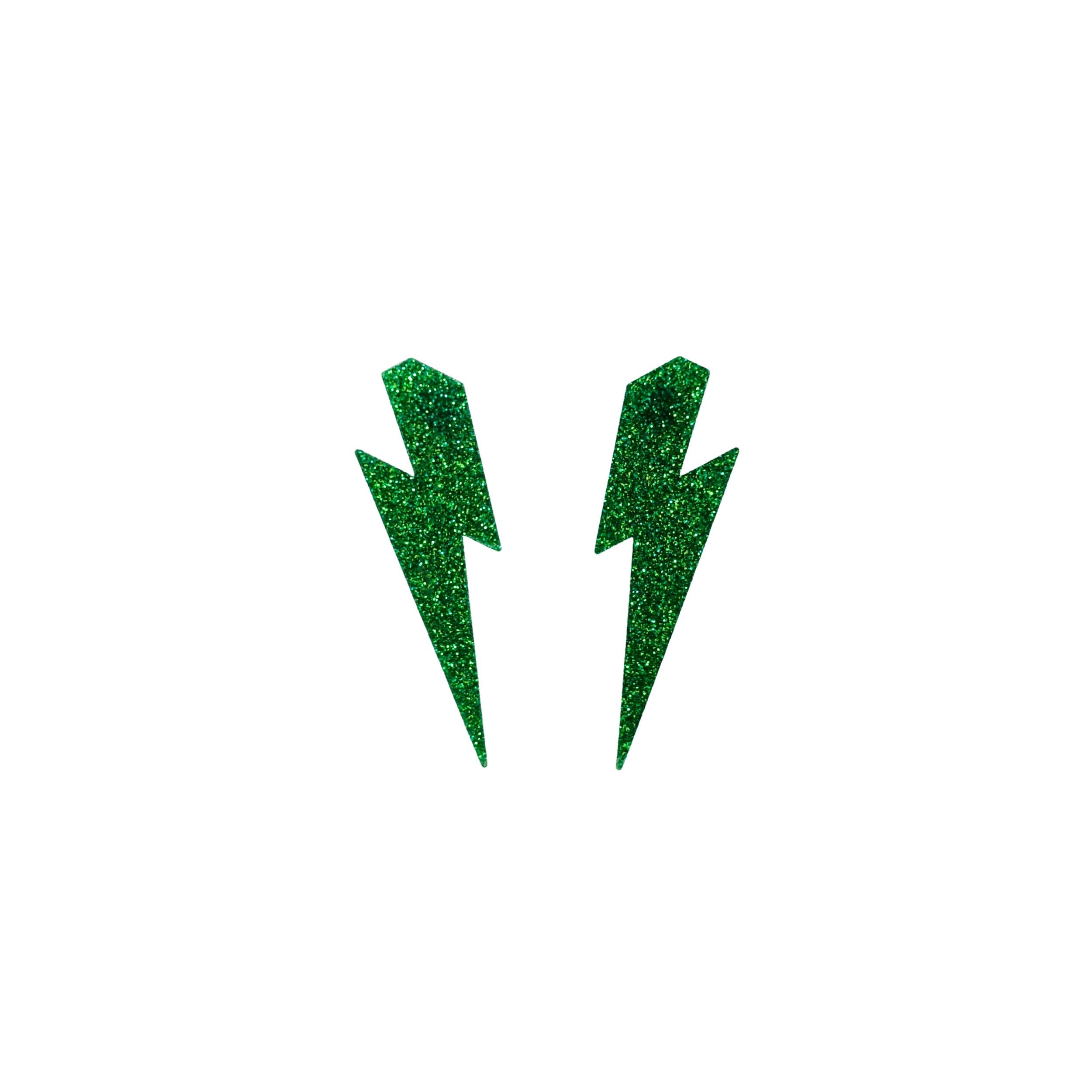 Large Lightning Bolt earrings in green glitter, shown against a white background.