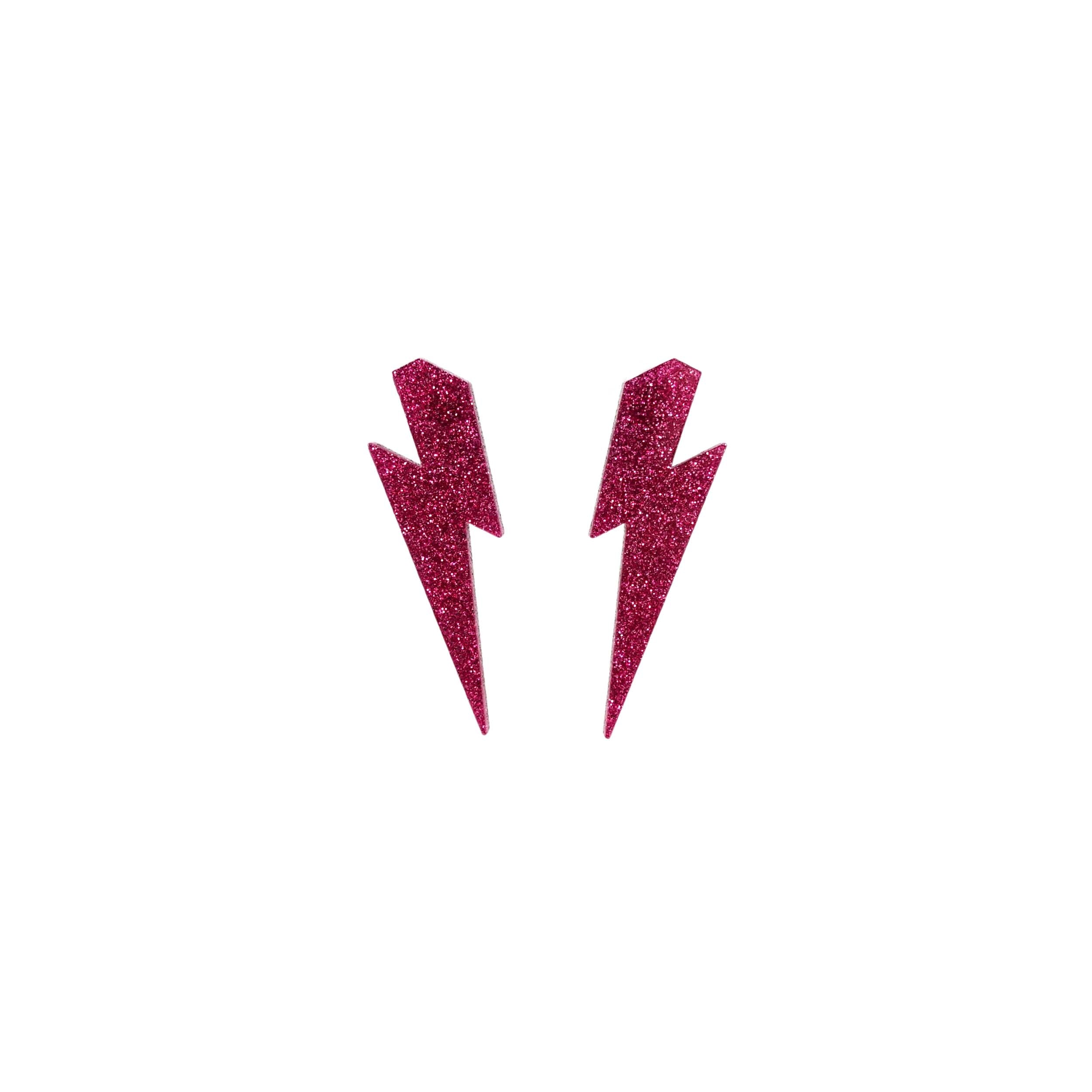 Large Lightning Bolt earrings in hot pink glitter, shown against a white background.