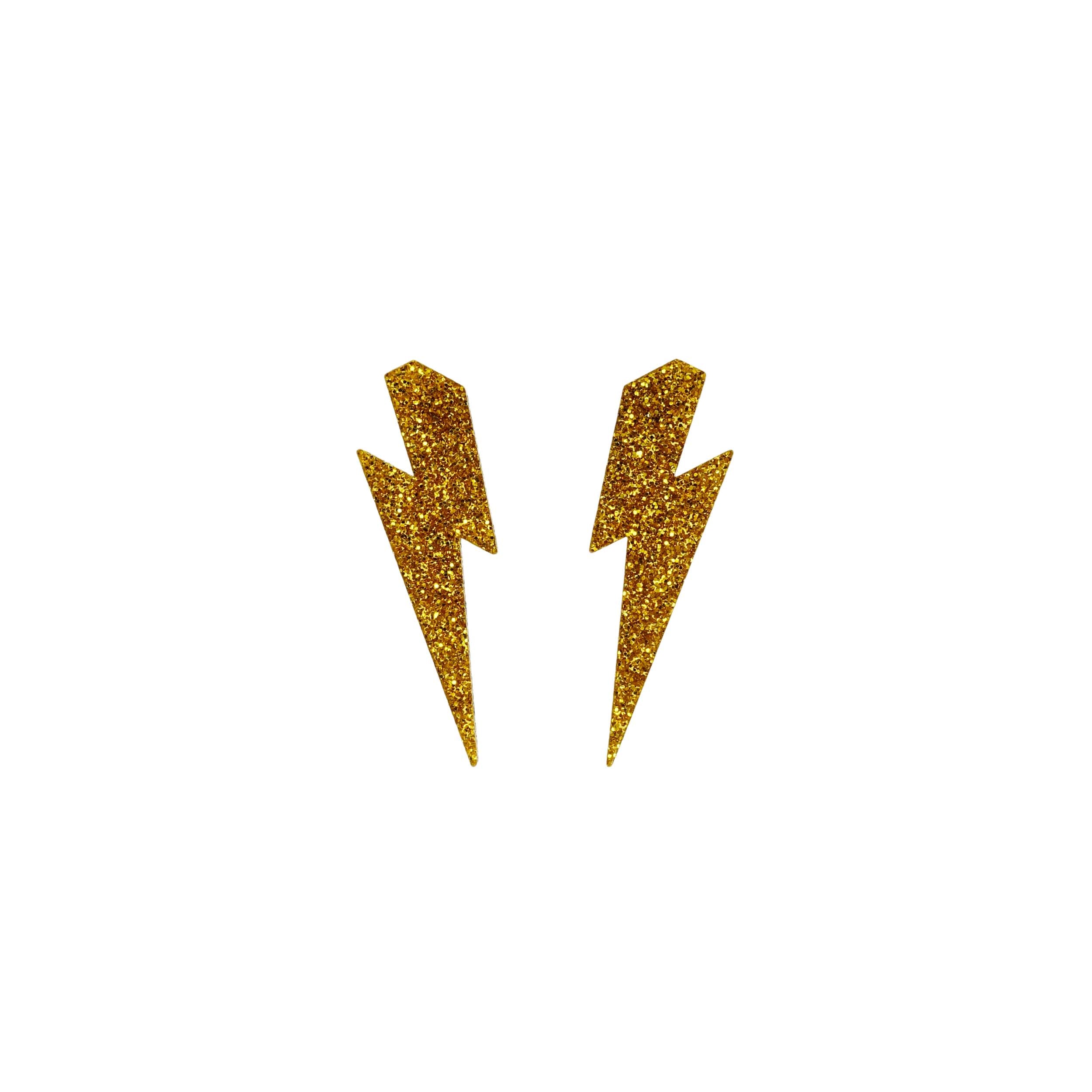 Large Lightning Bolt earrings in ultra gold glitter, shown against a white background.