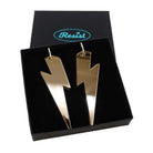 Massive Lightning Bolt hoop earrings in bronze mirror, shown in a Wear and Resist gift box.
