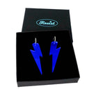 Large Lightning Bolt hoop earrings in electric blue mirror, shown in a Wear and Resist gift box.