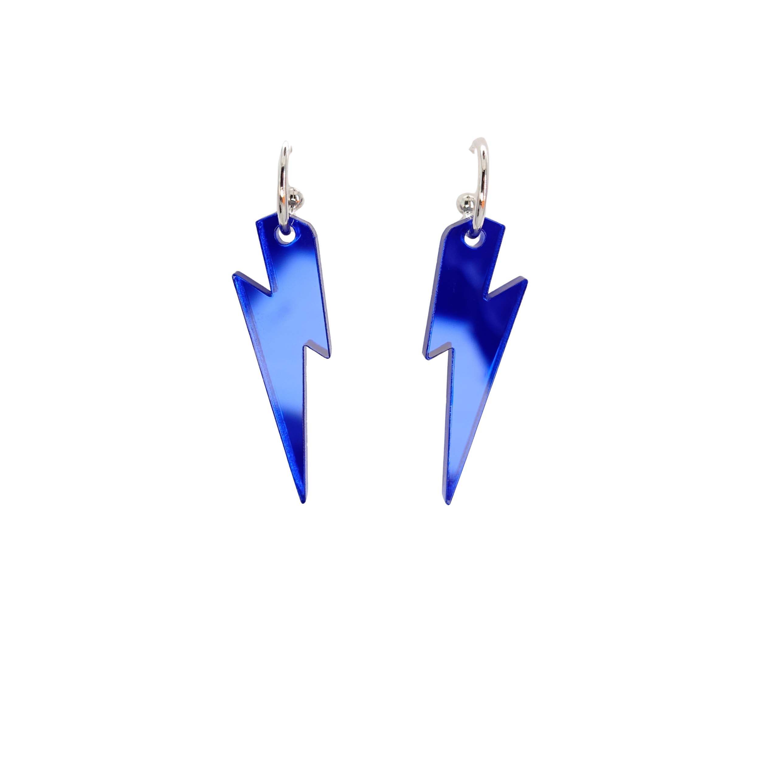 Electric blue mirror medium Lightning Bolt earrings on silver hoops, shown hanging against a white background.