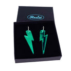 Large Lightning Bolt hoop earrings in electric green mirror, shown in a Wear and Resist gift box.