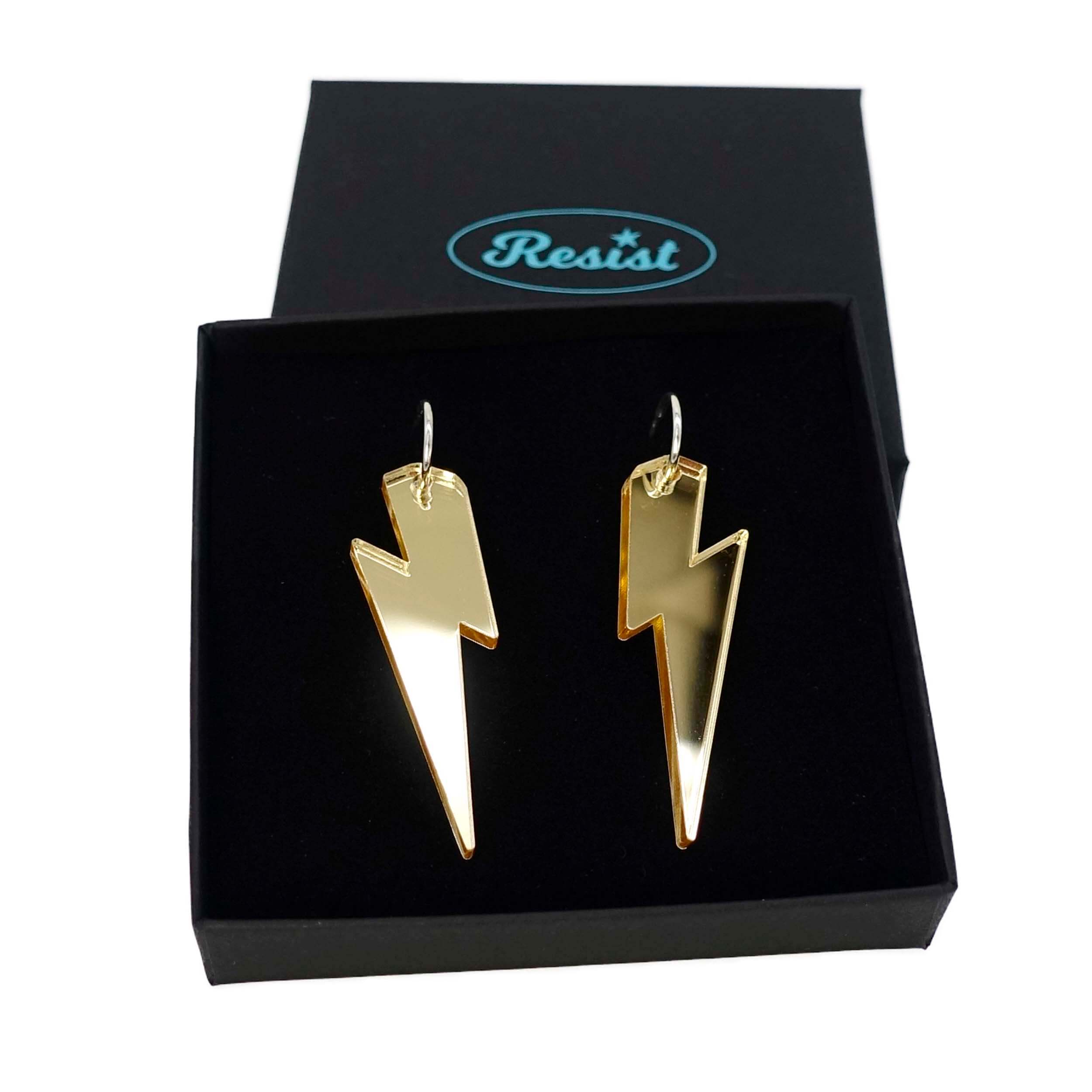 Large Lightning Bolt hoop earrings in gold mirror, shown in a Wear and Resist gift box.
