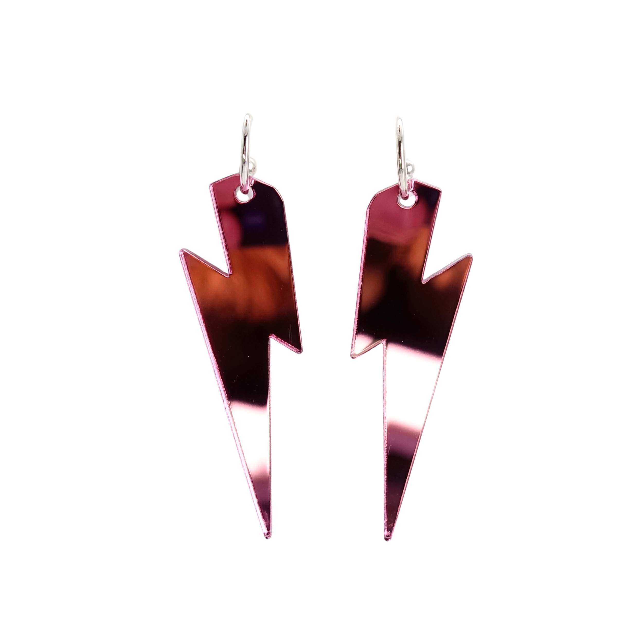 Large Lightning Bolt hoop earrings in pink mirror, shown against a white background.