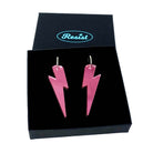 Large Lightning Bolt hoop earrings in pink mirror, shown in a Wear and Resist gift box.