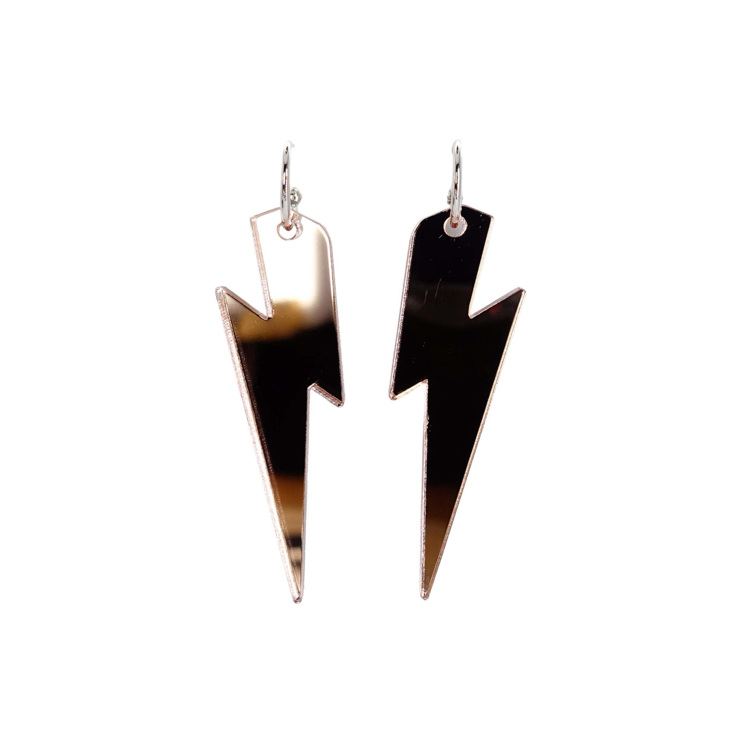 Large Lightning Bolt hoop earrings in rose gold mirror, shown against a white background.