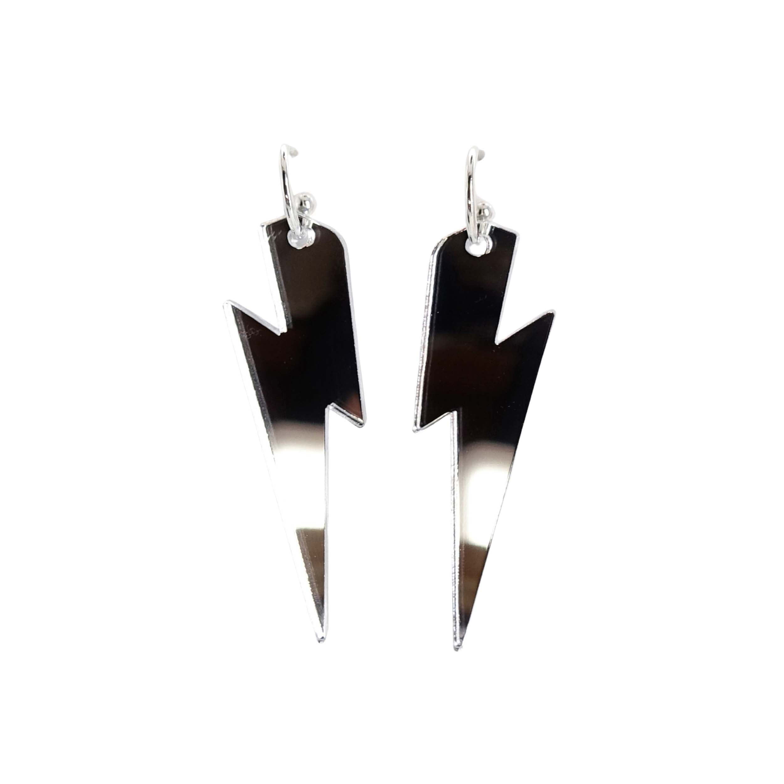 Large Lightning Bolt hoop earrings in silver mirror, shown against a white background.
