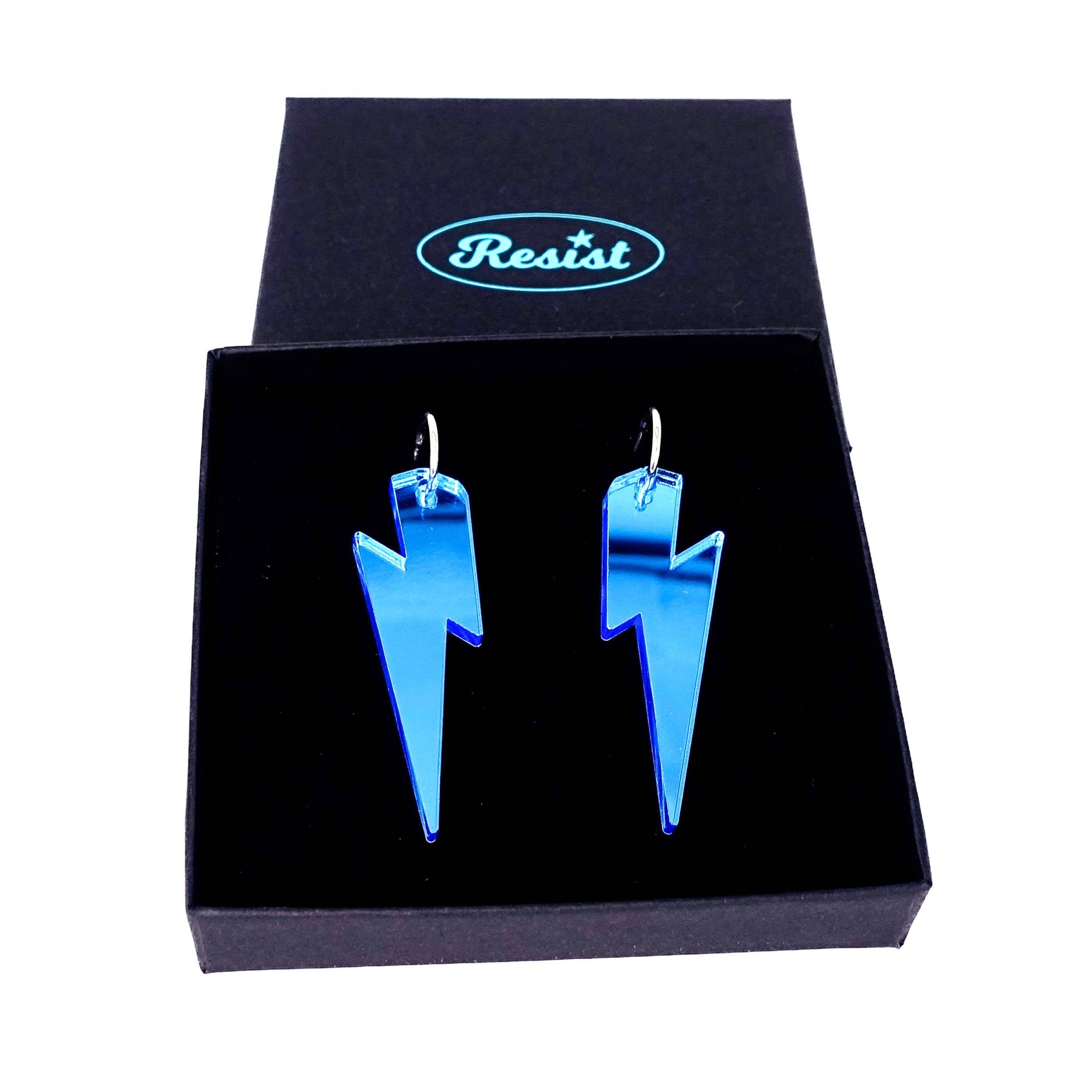 Large Lightning Bolt hoop earrings in sky mirror, shown in a Wear and Resist gift box.