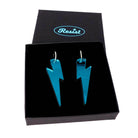 Large Lightning Bolt hoop earrings in teal mirror, shown in a Wear and Resist gift box.