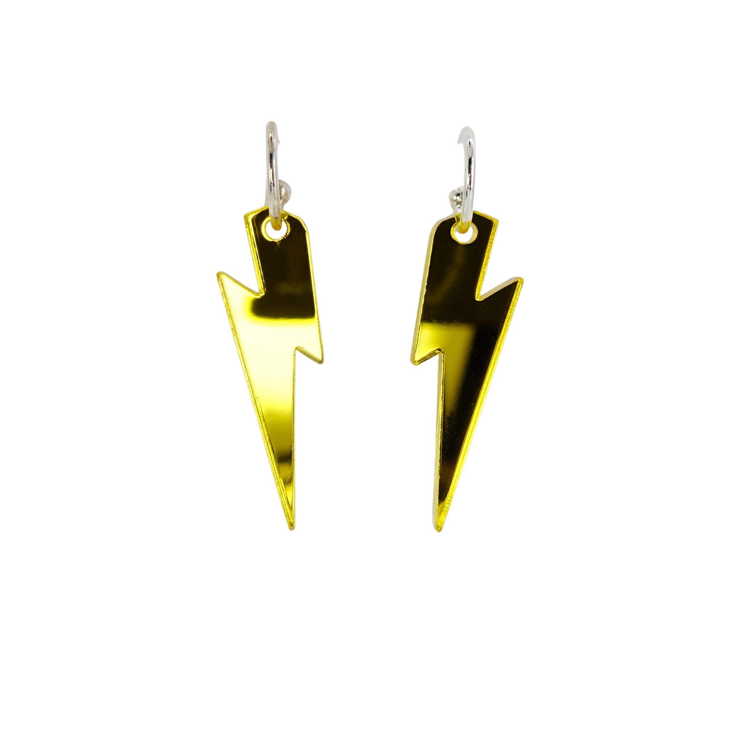 Yellow mirror medium Lightning Bolt earrings on silver hoops, shown hanging against a white background.