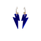 Small electric blue lightning bolt hoop earrings on silver plated hoops shown against a white background.