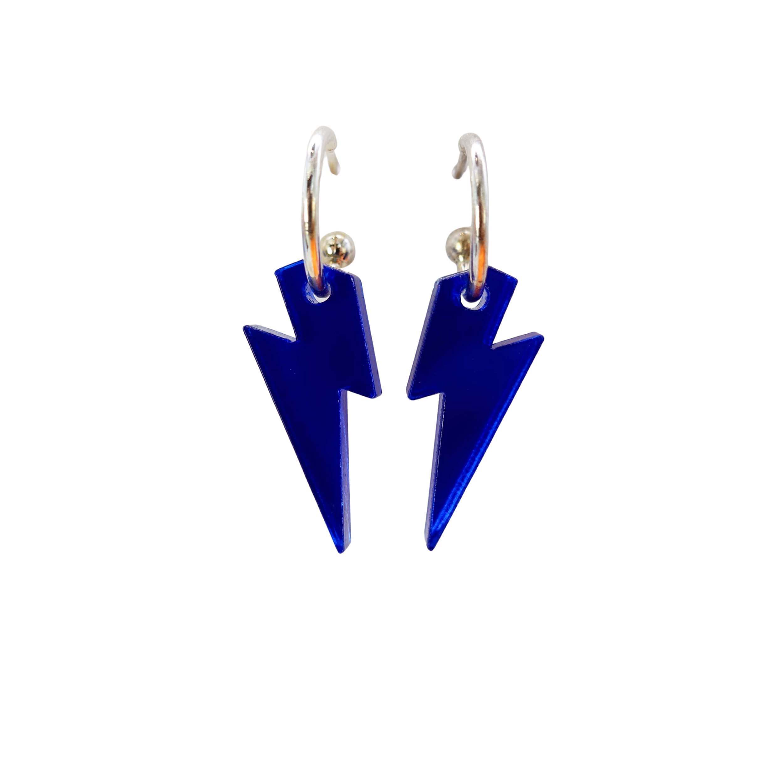 Small electric blue lightning bolt hoop earrings on silver plated hoops shown against a white background.