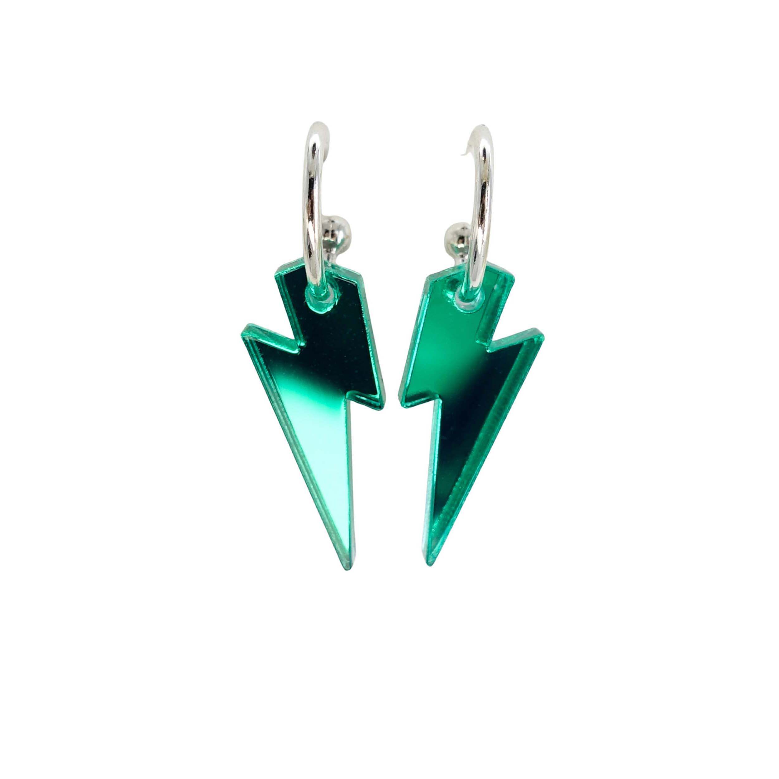 Small electric green lightning bolt hoop earrings on silver plated hoops shown against a white background.