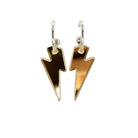 Small gold mirror lightning bolt hoop earrings on silver plated hoops shown against a white background.