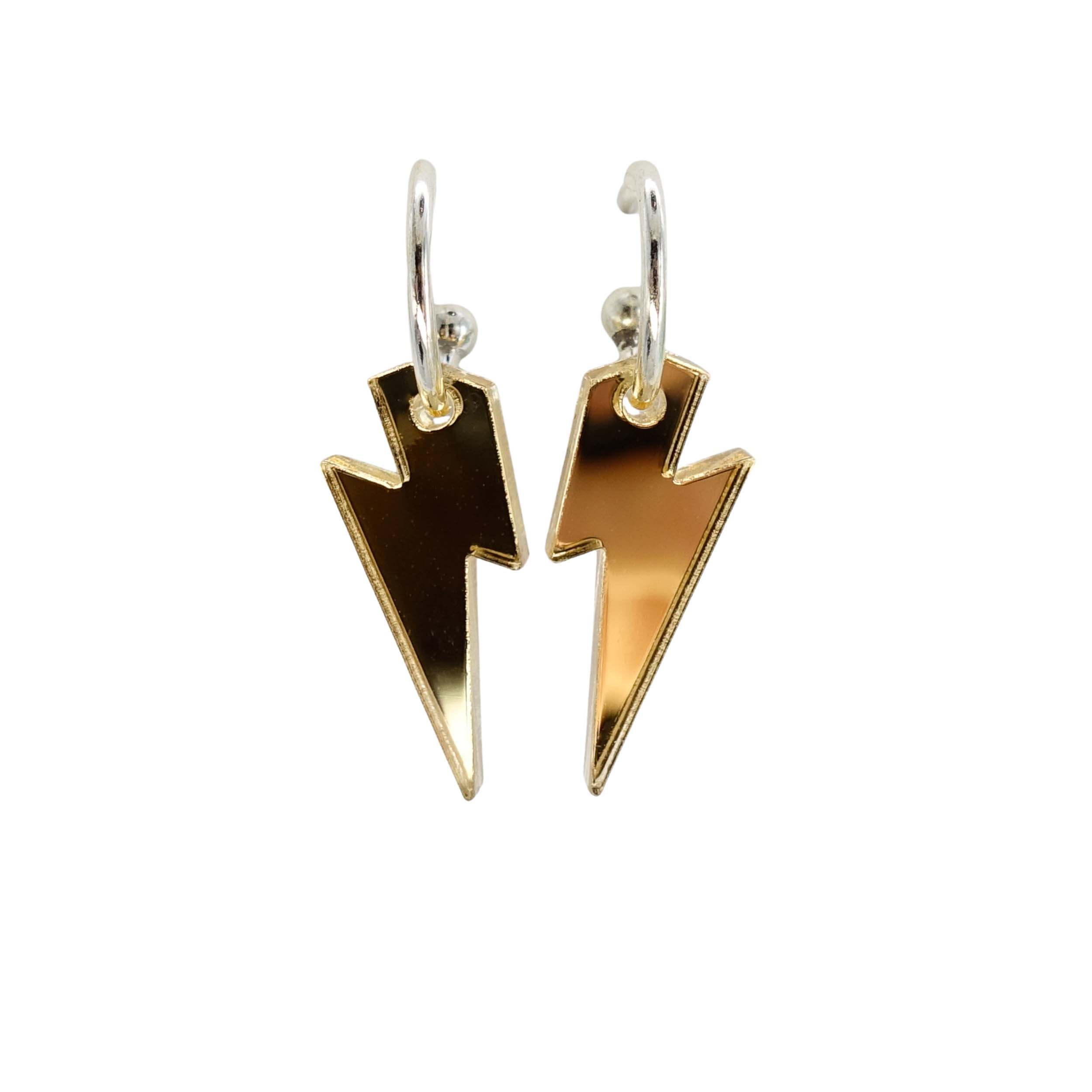 Small gold mirror lightning bolt hoop earrings on silver plated hoops shown against a white background.